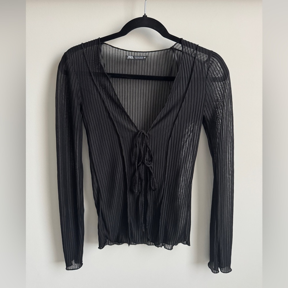 Zara Black Sheer Ribbed Tie-Front Long Sleeve Top